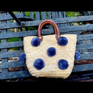 Wicker Handbag with Pompom Trim